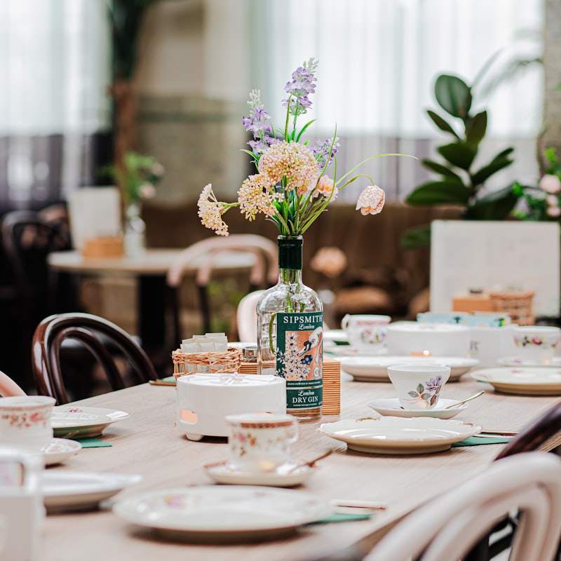 Vintage tablescape with florals and glassware